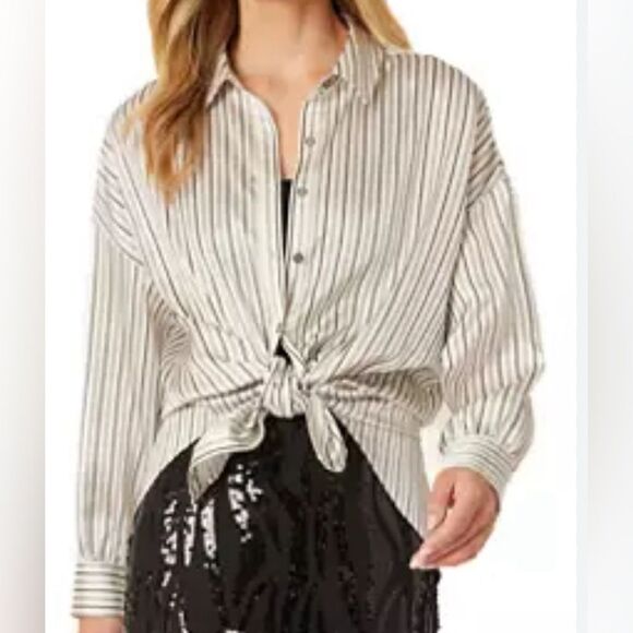 Adrienne Landau Stripe Satiny Button Down Shirt(Size Medium) - Picture 1 of 9
